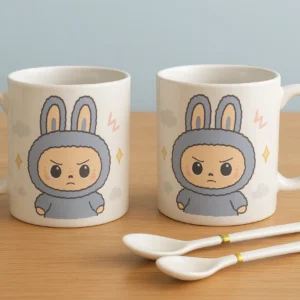 Labubu Cartoon printed Coffee Mug 300ml Set Of 2 Cups and 2 Spoons.