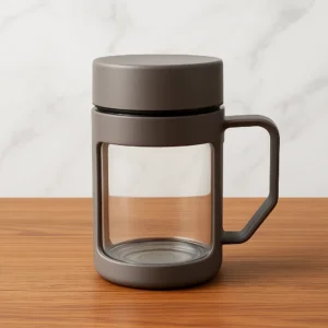 500ml Glass Travel & Storage Mug with Lid | Durable Plastic Protection & Transparent Window | Leak-Proof Reusable Coffee, Tea, Snack & Dry Food Mug for Office, Home & Travel (Brown))