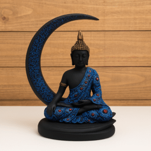 Elegant Buddha Murti with Crescent Moon – Spiritual Home Décor Idol in Blue & Black Finish
