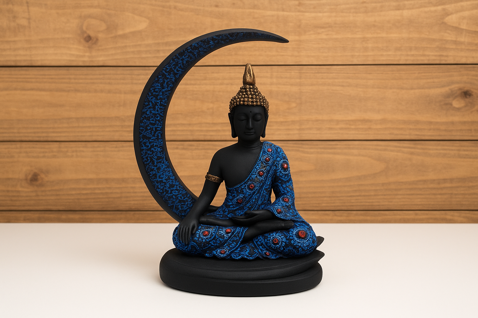Elegant Buddha Murti with Crescent Moon – Spiritual Home Décor Idol in Blue & Black Finish