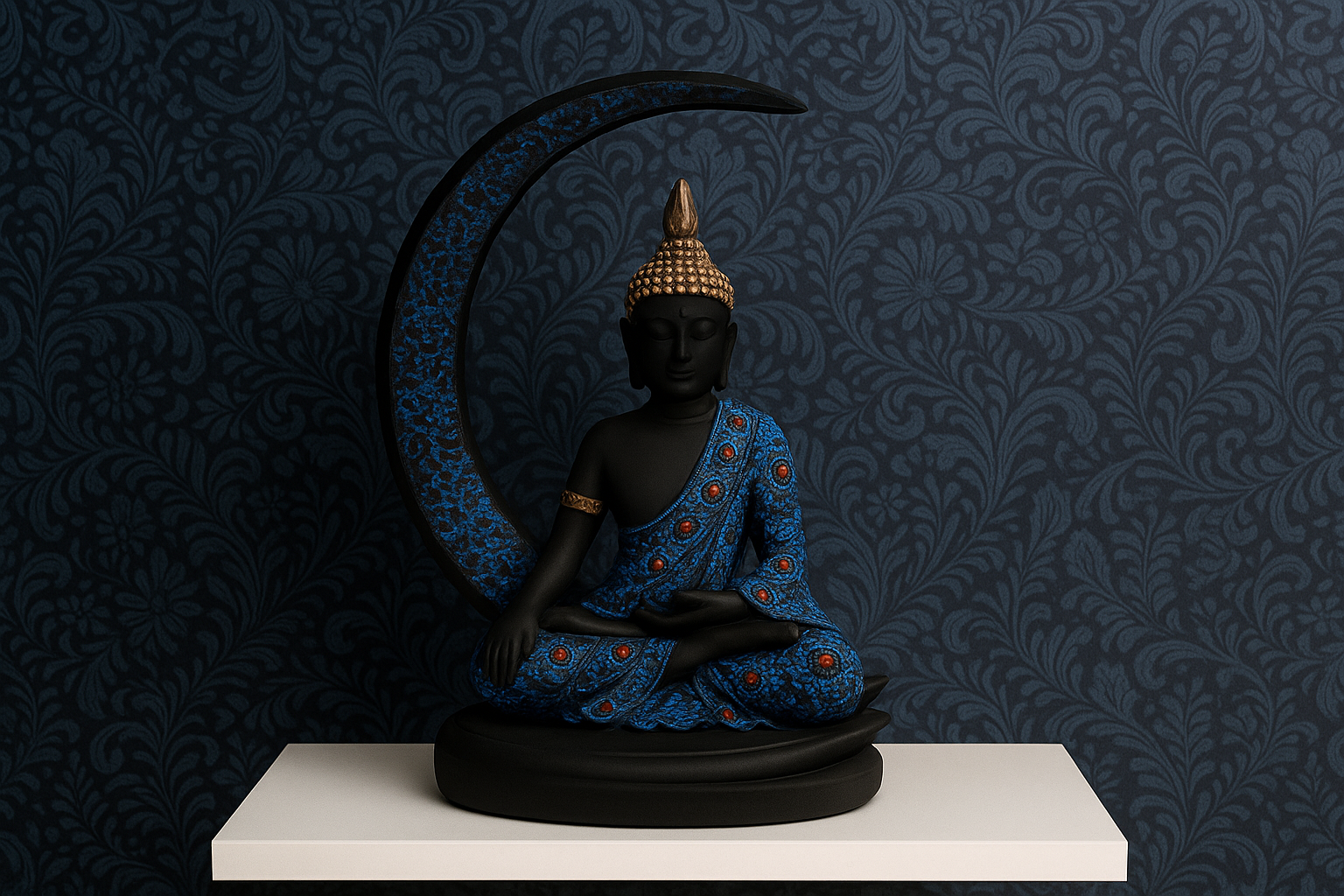 Elegant Buddha Murti with Crescent Moon – Spiritual Home Décor Idol in Blue & Black Finish - Image 2