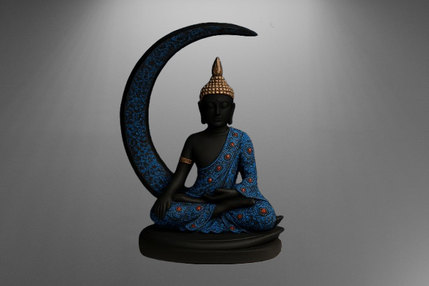 Elegant Buddha Murti with Crescent Moon – Spiritual Home Décor Idol in Blue & Black Finish - Image 3